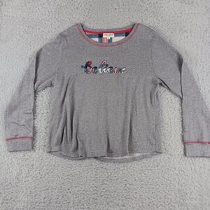 Laura Ashley Womens XL Grey Ribbed Believe Plaid Embroidered Pajama Top